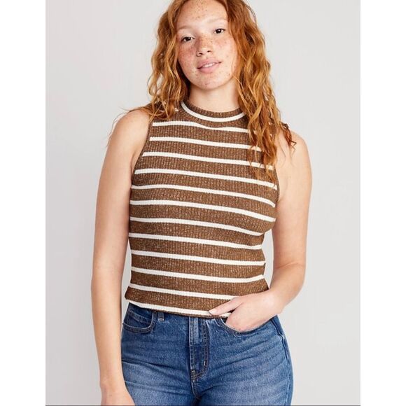 NWT Womens Old Navy Fitted Striped Earth Brown Ribbed Sleeveless Mock Neck Top L - Picture 1 of 2